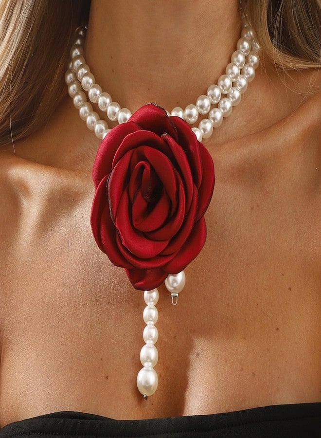 IS4U Rose Choker Necklace for Women Vintage Baroque Pearl Layers Necklace Exaggerated Flowers Pearl Necklaces Fashion Wedding Party Jewelry (Red) - Image 4